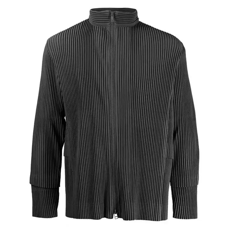 Miyake Pleated Men\'s Top Casual Work Jacket Thin Zipper Loose Long-sleeved Jacket Japanese Style Men Clothing