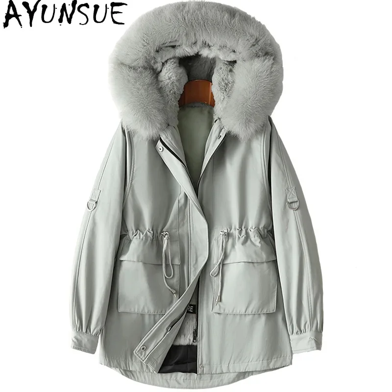 

Real AYUNSUE Fur Parkas High Quality Detachable Rabbit Liner Winter Jackets for Women 2024 Coat Hooded Fox Collar