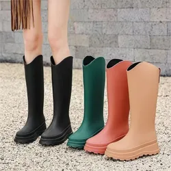 High Tube V-mouth Design Rain Shoes Female Solid Non-slip Rainboots Waterproof Shoes Fructose Color Thick Sole Rubber Flat Shoes