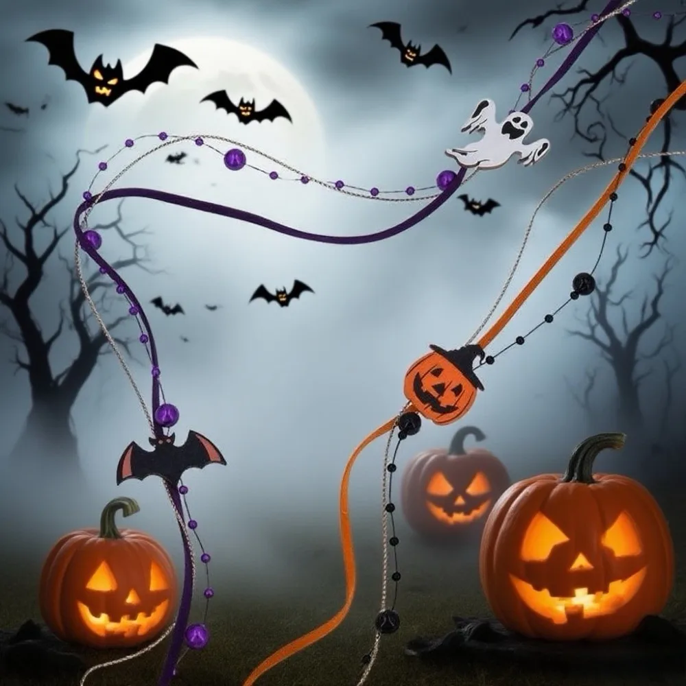 Pumpkin Halloween Decorative Ribbon Ghost Beads Halloween Packaging Gift Box Ribbon Wooden Handmade DIY Ribbon Strips