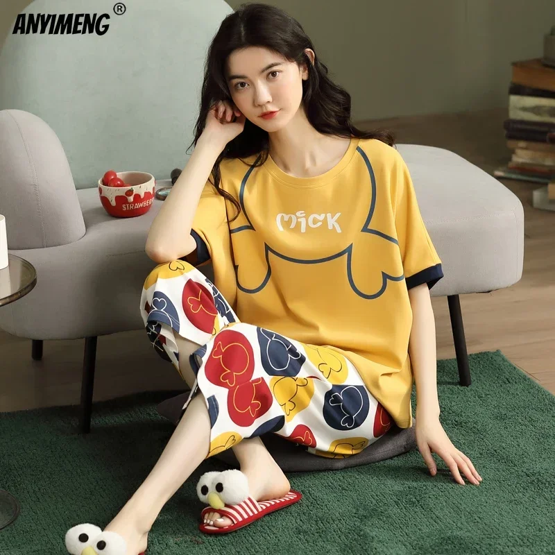 

Knitted Cotton Pijama Cartoon Pajamas Sets Women Pyjamas Summer Sleepwear Mujer Nightwear Plus Size Calf-Length Pants Homewear