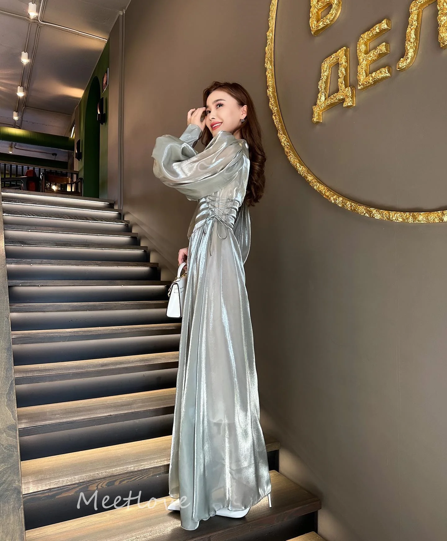 Elegant O Neck Prom Dress 2024 Long Sleeve Silk Crease Cocktail Dress Long Formal Evening Party Dress 2024 robes de soirée