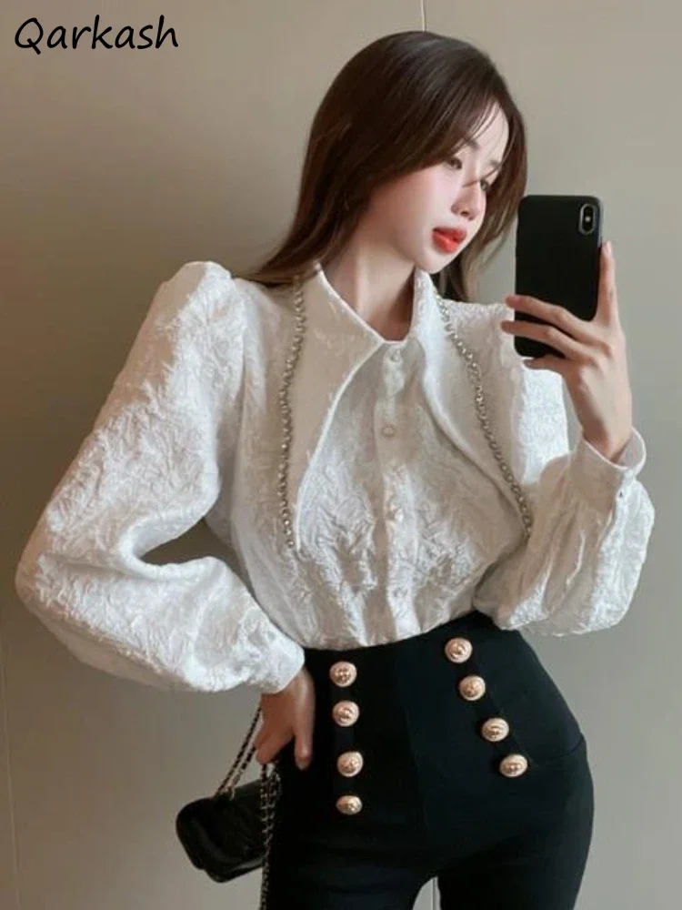 

Shirts Women Lapel Delicate Chic Office Ladies Puff Sleeve Autumn Beading Ropa Mujer Tender Design Tops French Fashion Clothing