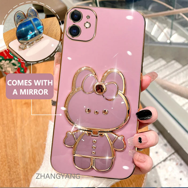 Case For iPhone 11 11 pro 11 pro max Electroplated straight edge silicone phone case cute 3D rabbit with built-in mirror for ant