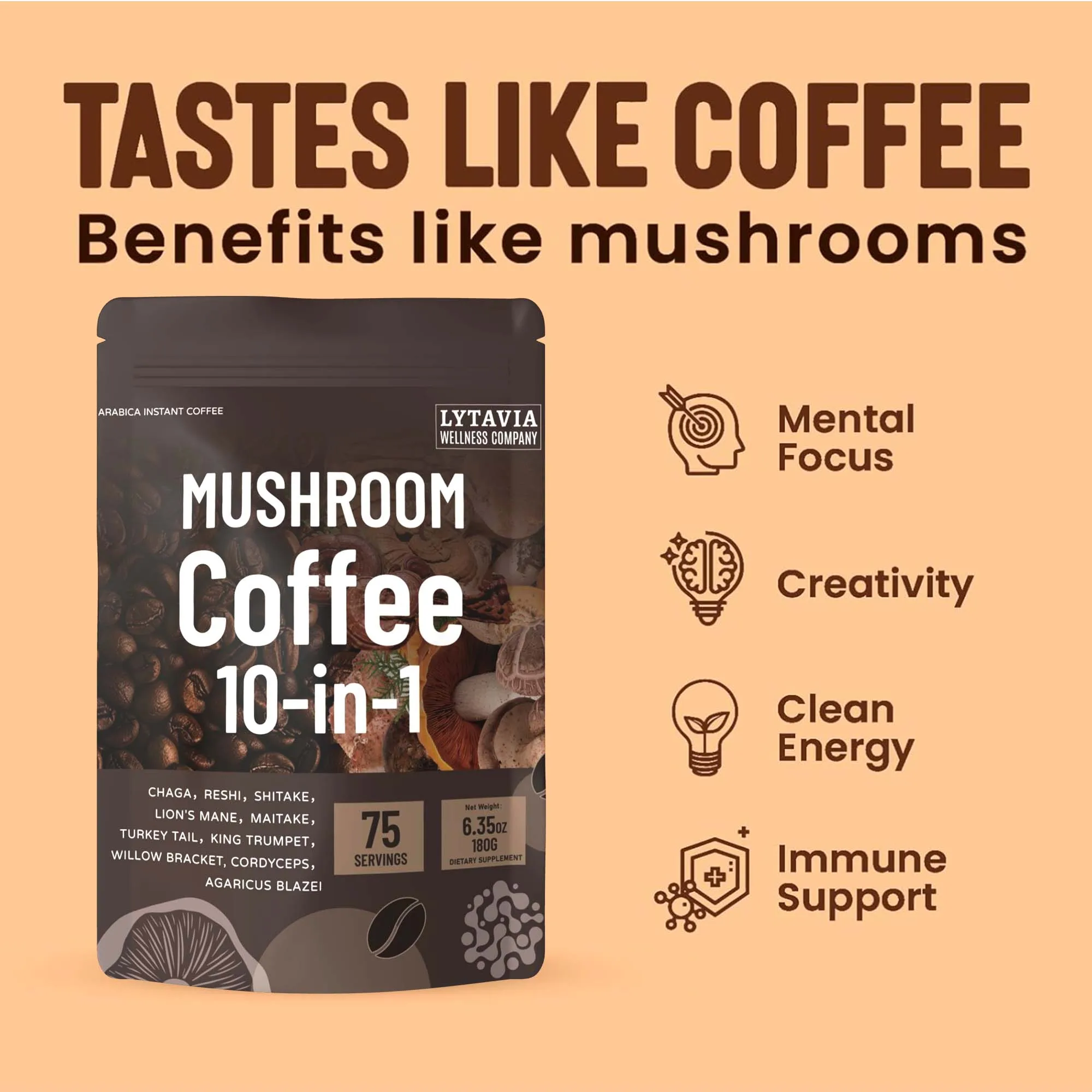 Café champignon avec 10 champignons adaptogènes et huile MCT, café instantané cultivé aux États-Unis, avec queue de dinde, Shiitake, crinière du Lion