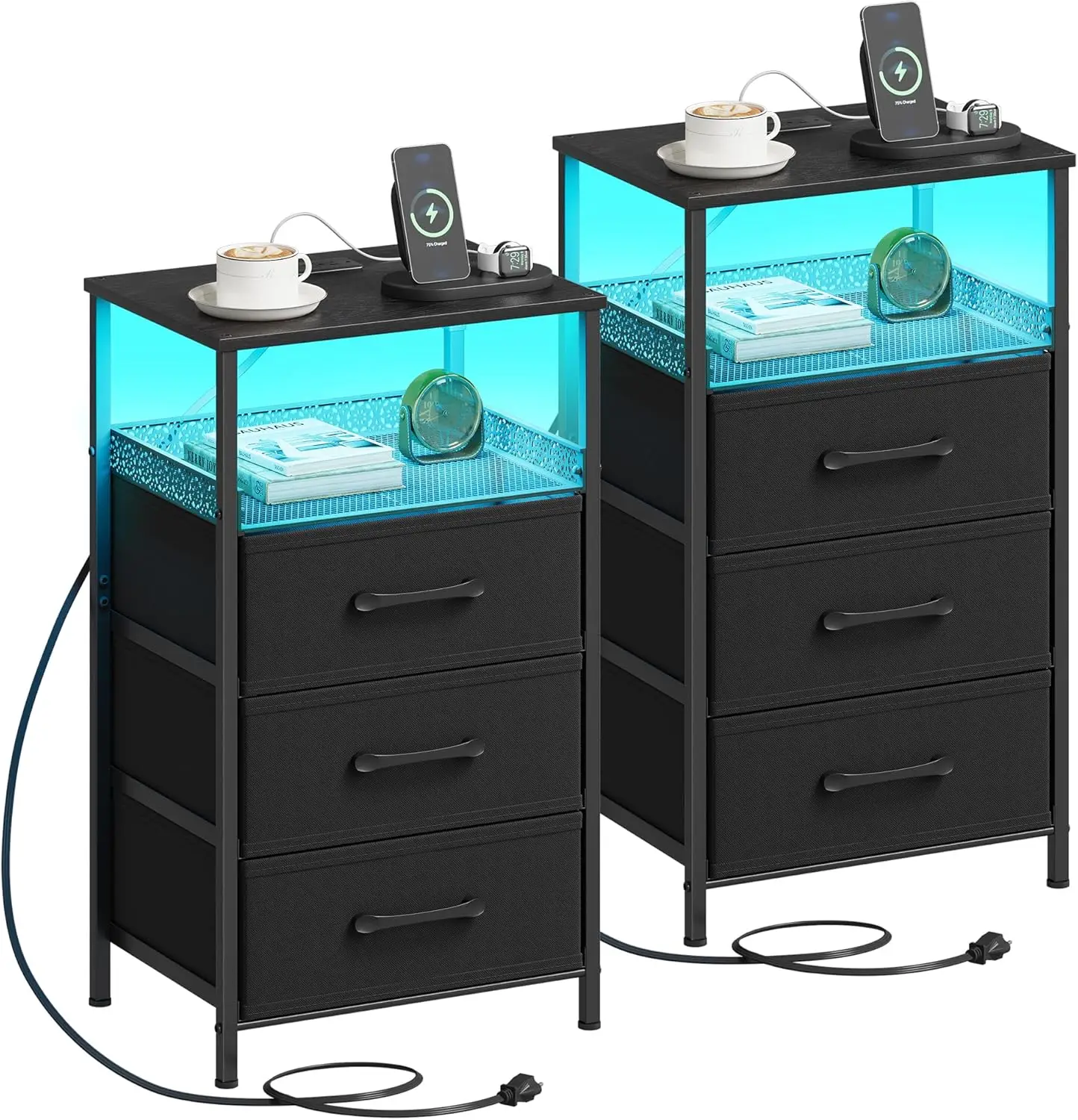 

Nightstand Set 2 with Charging Station, 3 Drawer LED Lights, USB Ports & Outlets, End Table for Bedroom, Black