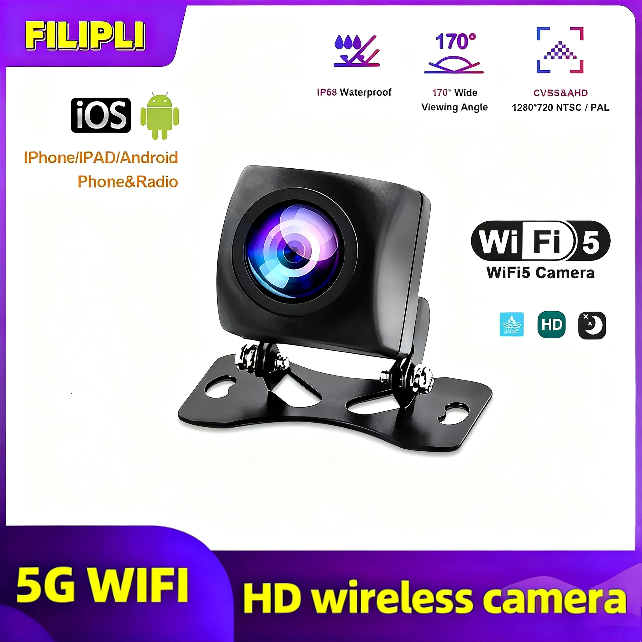 

HD WIFI5 камера ночного видения автомобильная беспроводная водонепроницаемая Wi-Fi камера заднего вида 5 В USB/12 В поддержка Android, IOS и радио