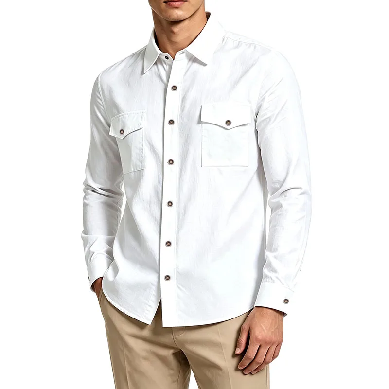 Camisa Casual Masculina de Manga Longa 2026 Nova com Bolso Duplo no Peito, Botões, Linho Macio e Solto, Confortável para o Dia a Dia, Trabalho, Rua e Uso ao Ar Livre