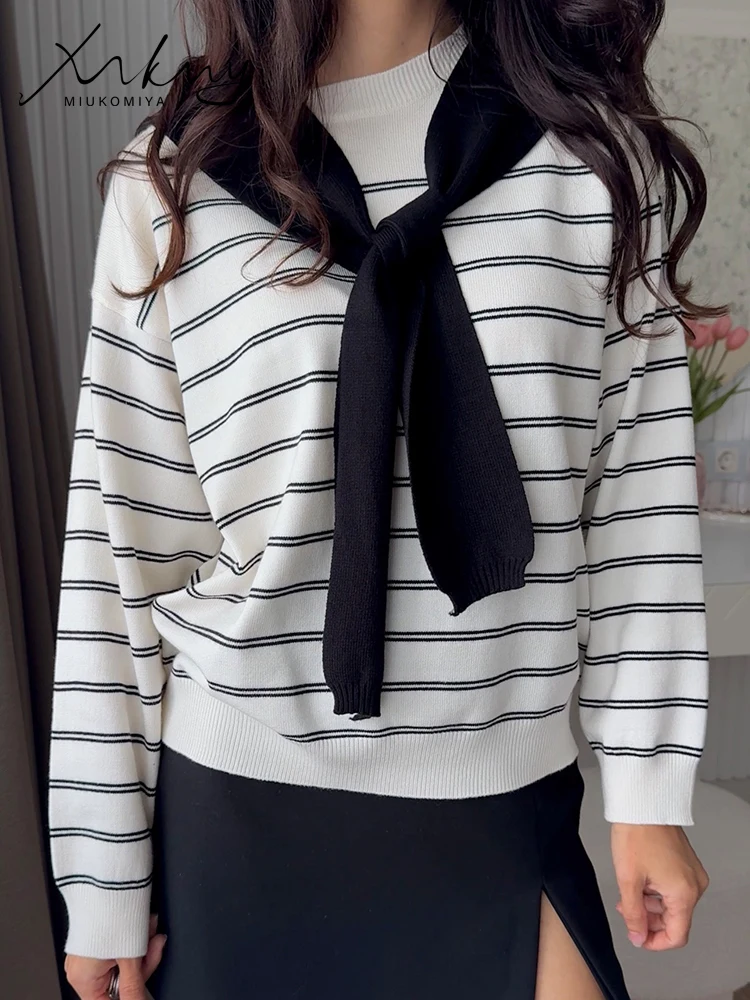 Oversized Striped Sweaters For Women Autumn 2 Sets Sailor Collar Coffee Pullovers Ladies White Jumpers O Neck Warm Sweaters Blue