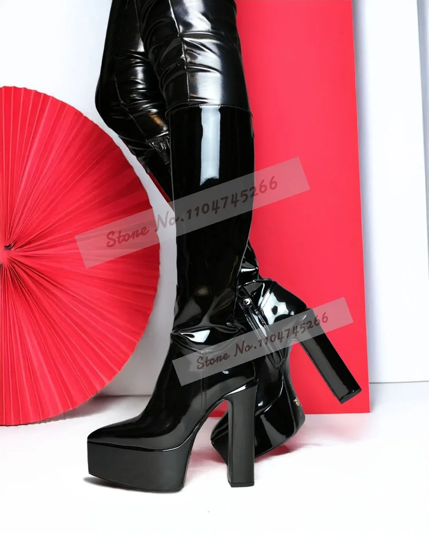 أسود مصقول صندل بكعب مكتنز منصة حذاء برقبة للركبة أشار تو براءات الاختراع والجلود أحذية طويلة أنيقة كتلة الكعوب الخريف الشتاء الأحذية #1