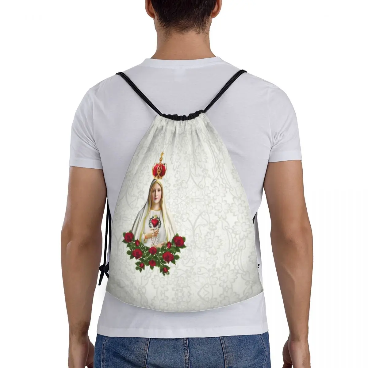 Mochila con cordón de Nuestra Señora de Fátima, saco deportivo portátil para gimnasio, Rosario de Portugal, bolsa de entrenamiento católica de la Virgen María