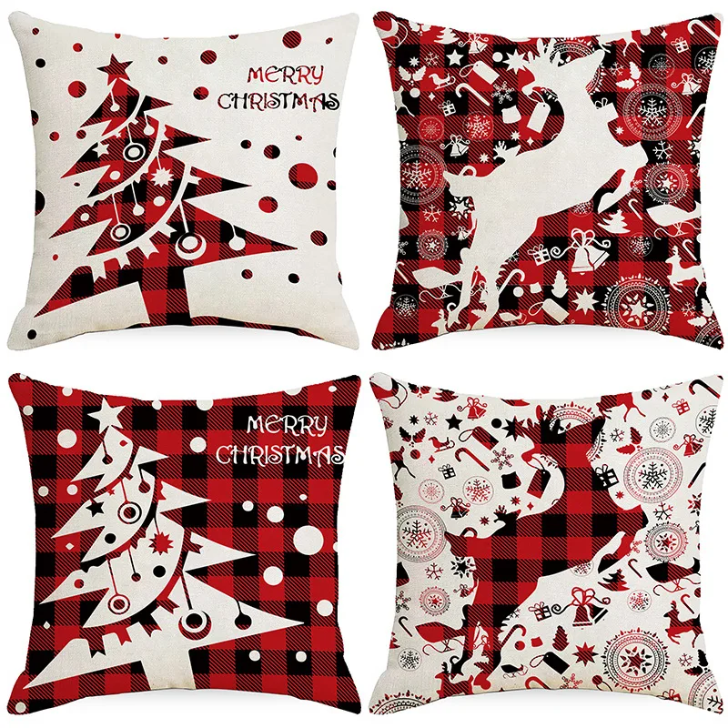 

45cm Red White Lattice Snowflake Linen Pillowcase Xmas Sofa Pillow Cover Merry Christmas Ornaments For Home Car Cushion Cover