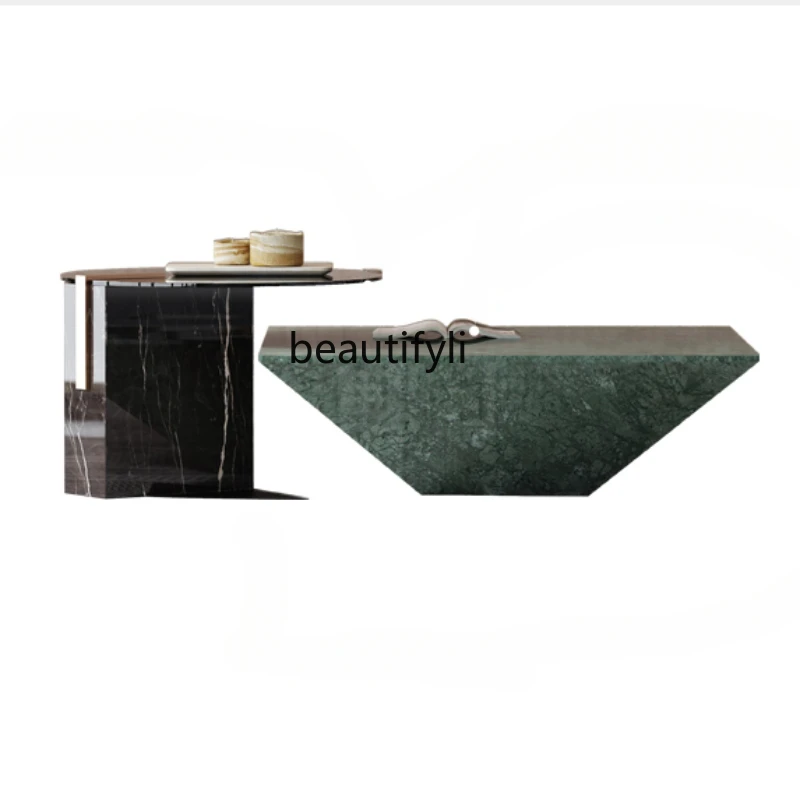 

Light Luxury Natural Marble Tea Table Imported Indian Green Brushed Black Steel Modern Living Room Side Table Combination