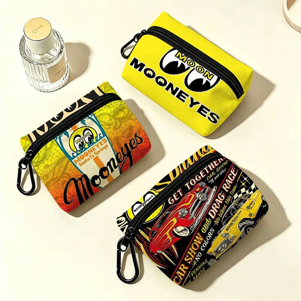 M-Mooneyes Print Compact Oxford Cloth Coin Purse Detachable Carabiner Hook Portable Key Card Organizer Pouch