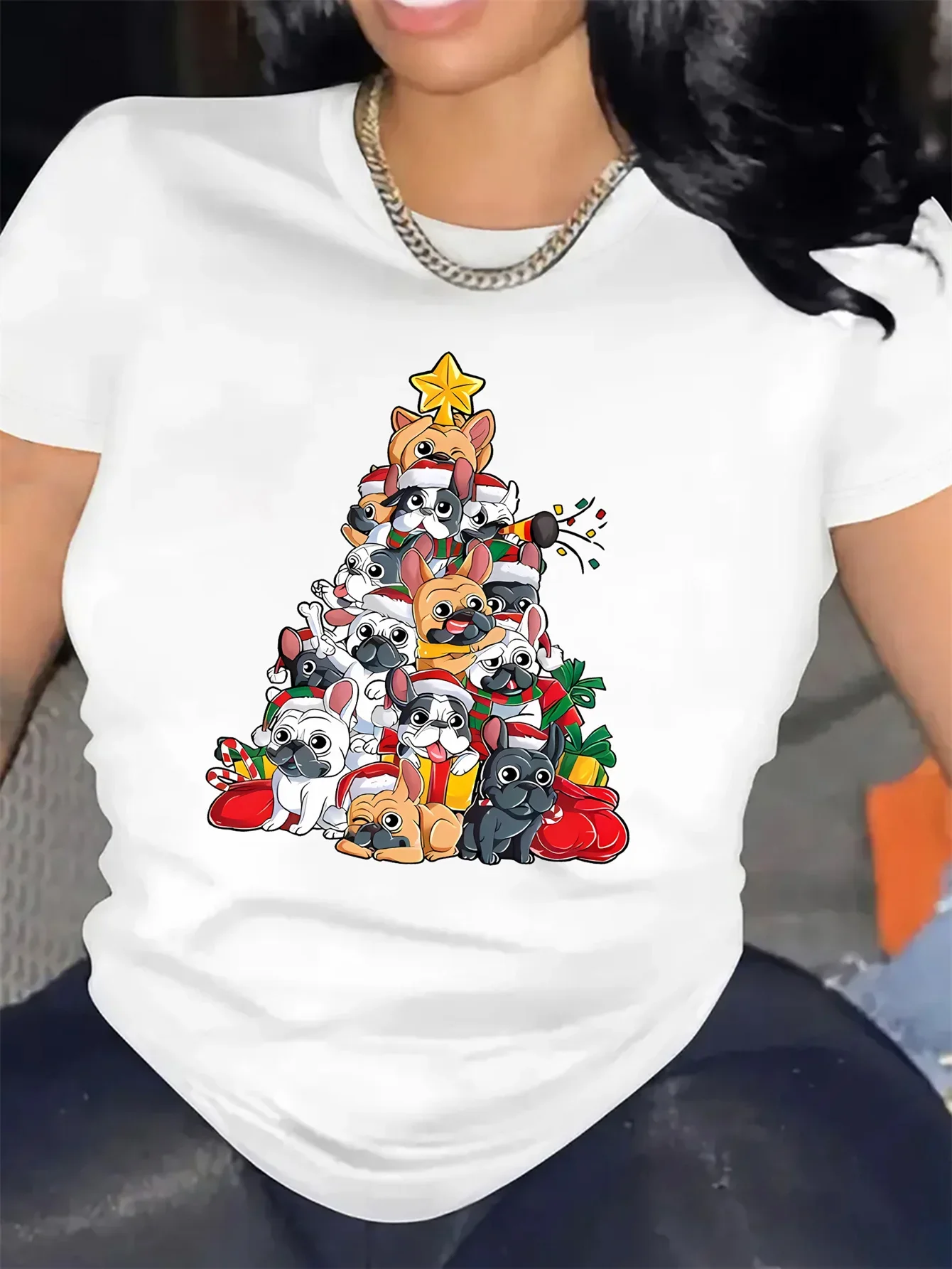 

New Year Christmas Puppy Print Fit Tee Harajuku Short Sleeve Women's Casual T-shirt Clothing Street Tops Tees Aesthetic Clothes