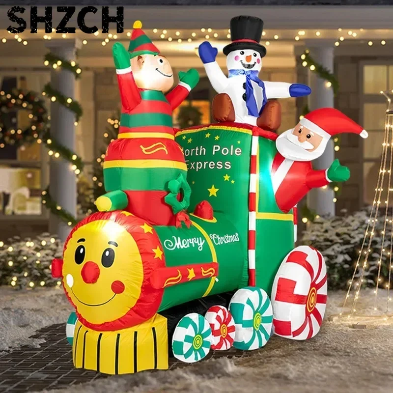 1.8M/5.9FT Height Christmas Inflatable Santa ClausThe Train with Elf and Snowman Built-in LED Lights Blow up Outdoor Lawn Yard