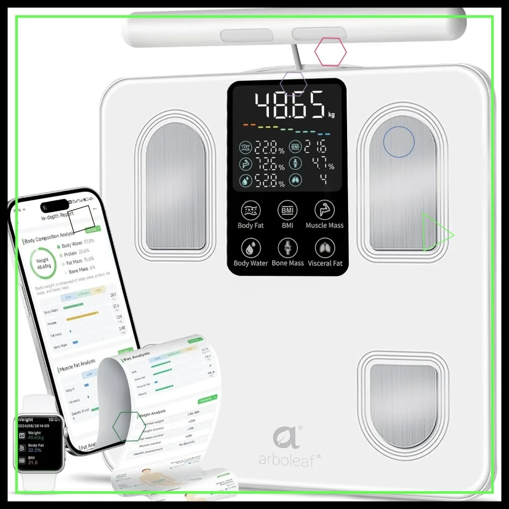 

Умные весы для тела с анализом ИМТ, жира и мышечной массы - более 50 показателей, синхронизация по Bluetooth для отслеживания здоровья