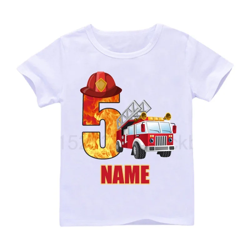 Happy Birthday Cool Firefighter Fire Truck Digital Printed Children's T-shirt Birthday Gift for Boys and Girls  Clothes