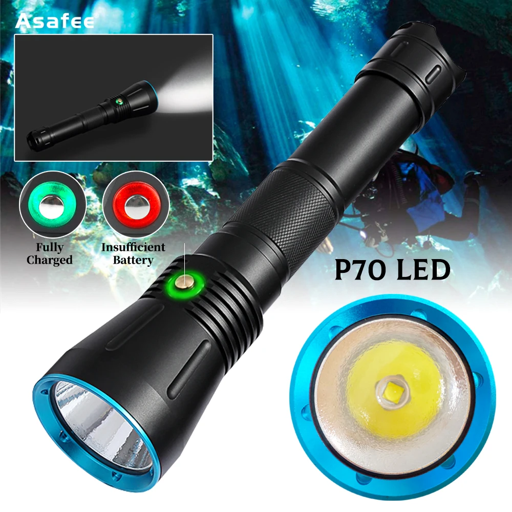 

Asafee DA16 P70 LED Professional Diving Light 3600LM Powerful Hand Lamp Underwater 50m 26650 Battery Scuba Dive Flashlight