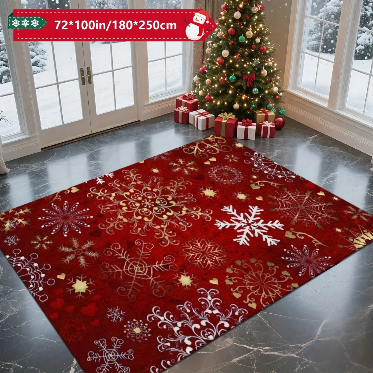 Red Retro Christmas Digital Print Rug, Snowflake Background, Comfort Nice Versatile Decor Mat for Living Room Sofa Entry Bedroom