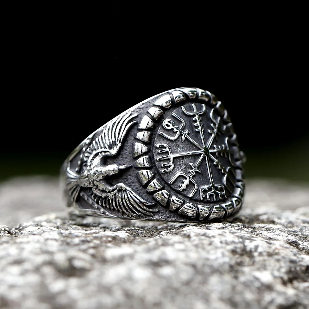 New Fashion 316L Stainless Steel Unique Viking Compass With Eagle Ring For Man Women Biker Jewelry for gift free shipping