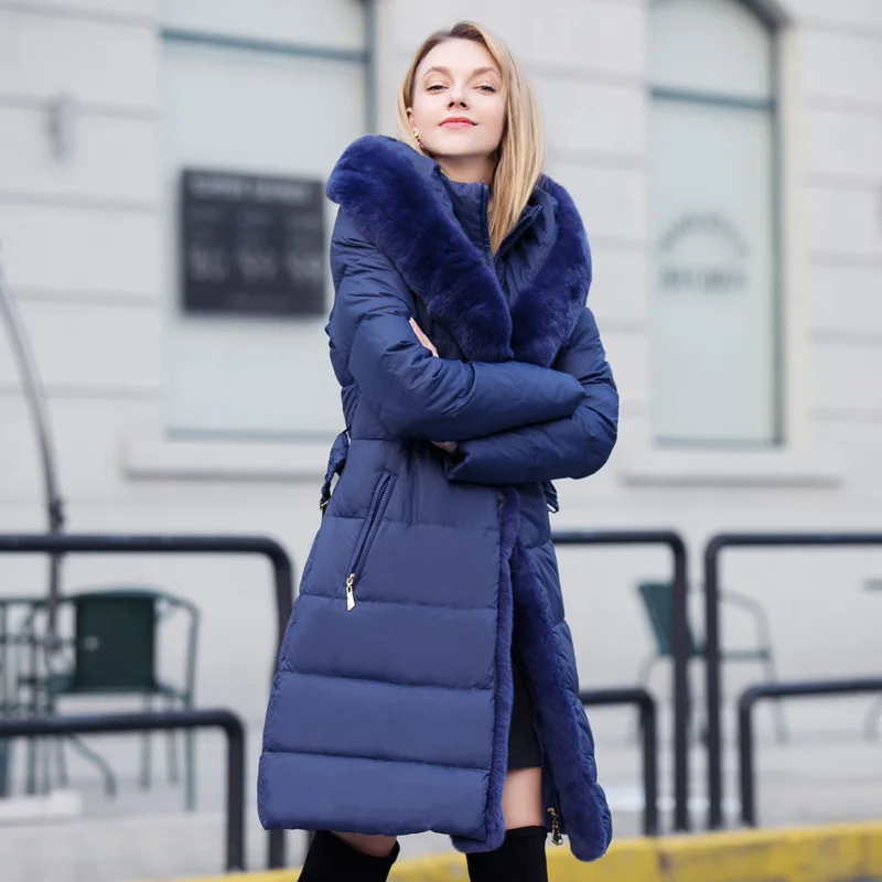 2022 Winter New Elegant Women Clothing Ladies Fur Collar Slim Thick Medium Blue Down Jacket for Women Casaco Inverno Feminine FC