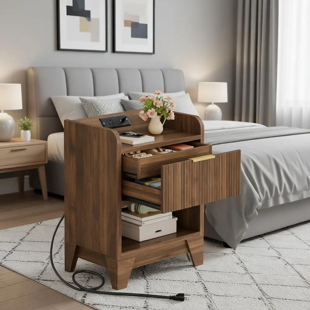 

Charging Station Nightstand, Hidden Drawer End Table, Wooden Bedside Table for Bedroom and Study, Walnut Finish
