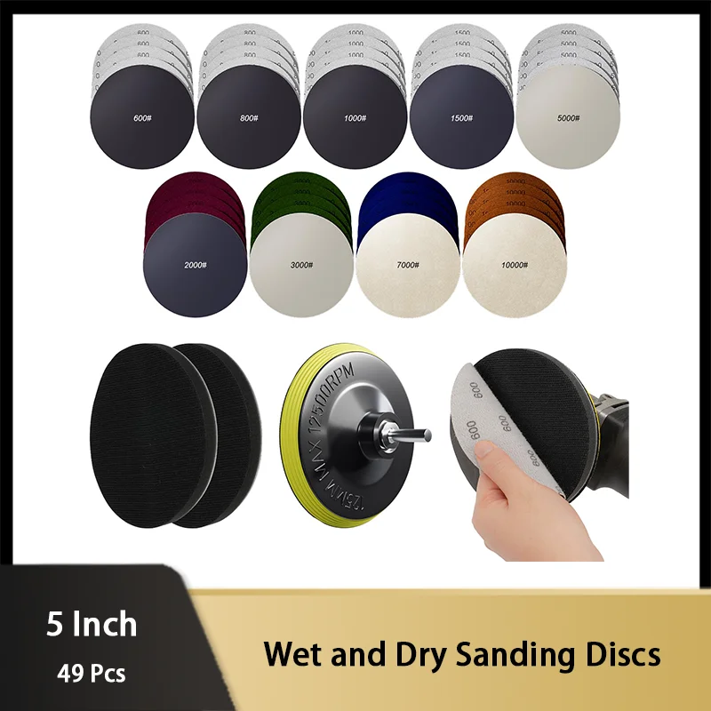 49PCS 5 Inch 125MM Wet Dry Sanding Discs Kit 600-10000 Grits with 5/8-11 Drill Adapter for Wood Metal Car Polishing Sanding