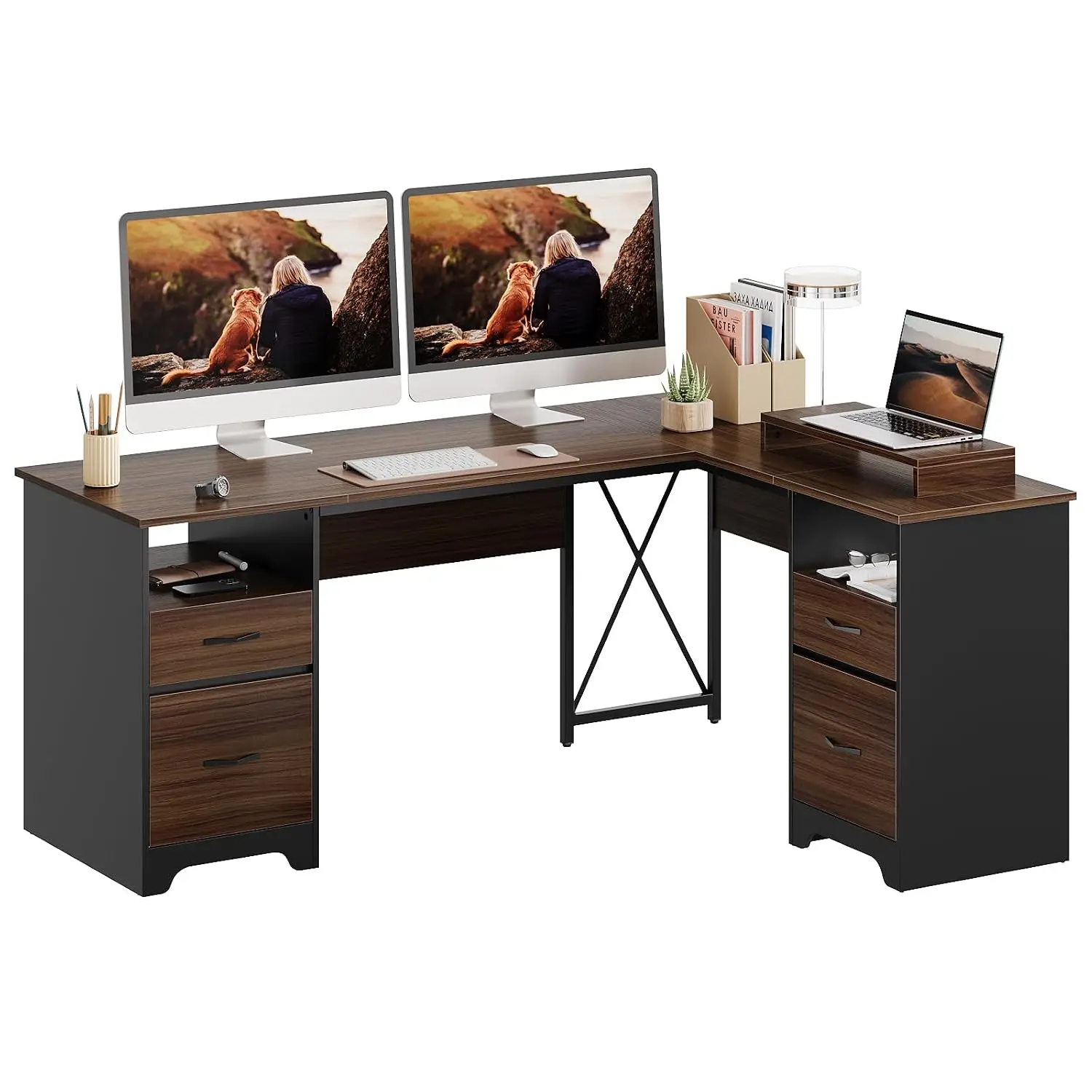 L Shaped Desk with 4 Drawers & Monitor Stand, Cherry Desk with Open Storage & 2 File Drawers for Home Office, Customized