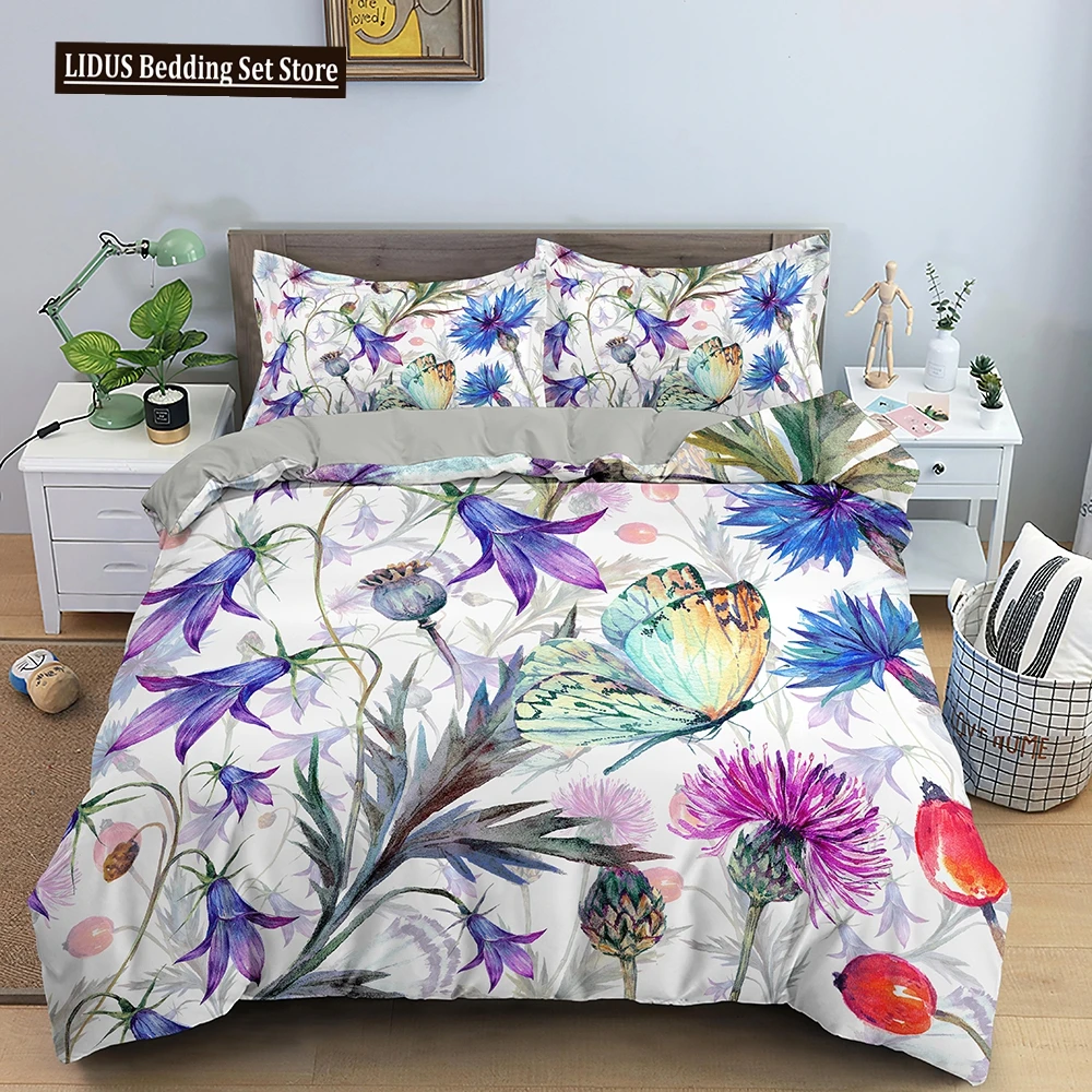 

3D Bedding Set Flowers Print Duvet Cover Set With Zipper Closure Queen King Full Size Comforter Cover And Pillowcases Polyester