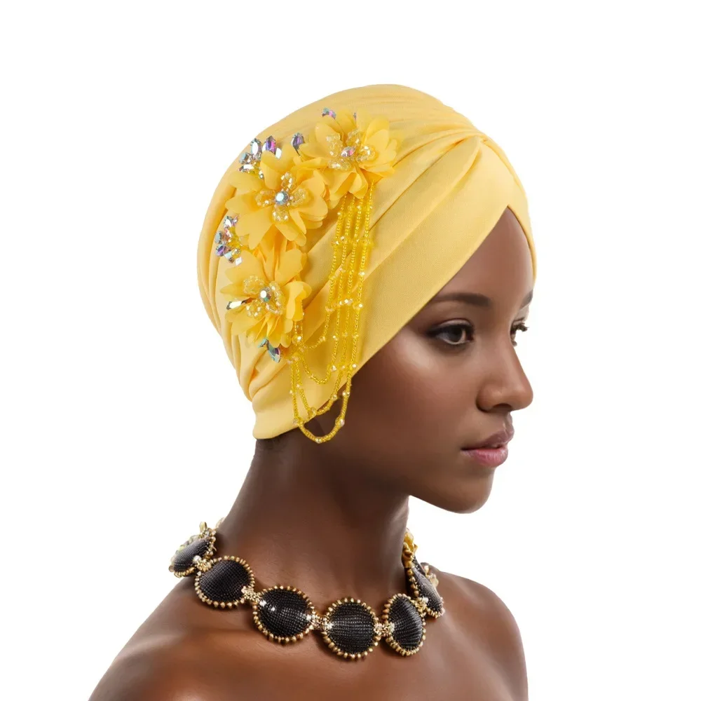 New Tassel Turban Cap for Women Diamonds Pleated Head Wrap African Female Headscarf Bonnet Muslim Hijab Auto Gele Turbante Mujer