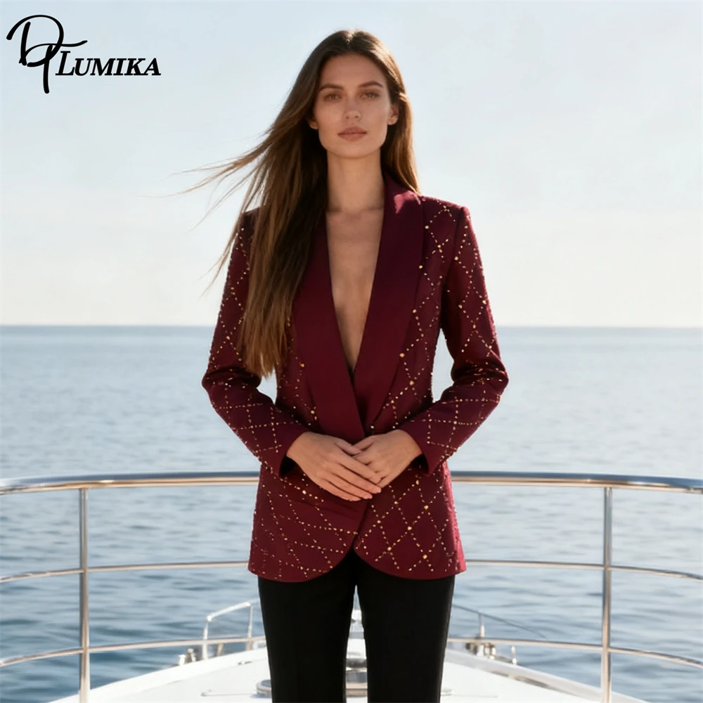 

DTLumika Diamonds Plaid Suit Jacket for Women, Shawl Neck Slim Fitting Womens Suit Blazer, Prom Party Cocktail Suits