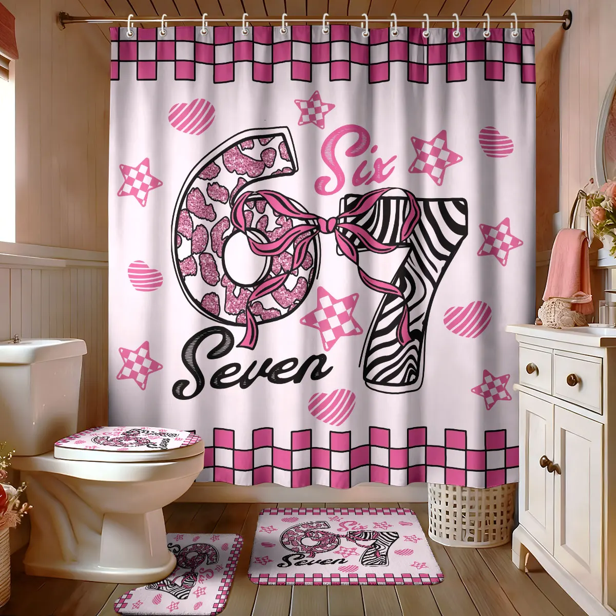 

4 шт., романтический набор для ванной комнаты с 67 элементами на День святого Валентина, водонепроницаемая занавеска для душа, напольный коврик, коврик для унитаза, U-образный коврик