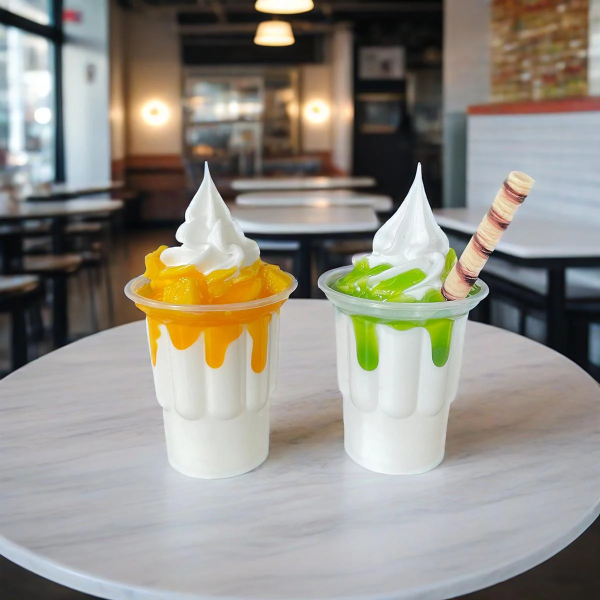 Neues handgefertigtes Set aus künstlichen Eiscreme-Sundaes (Vanille, Schokolade, Erdbeere) als dekorative Fotorequisiten – Design für künstliche Milchshakes und Eiscreme – Detail 6