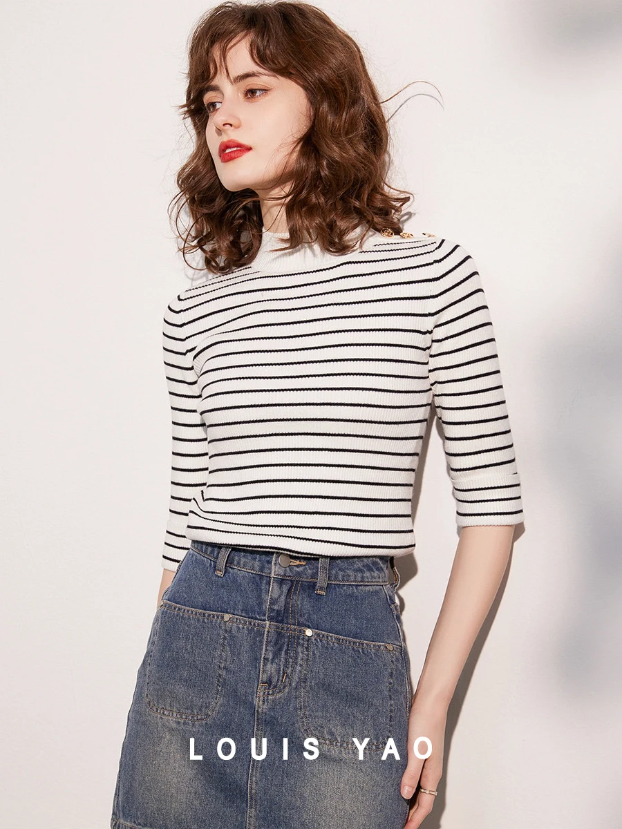 

LOUIS YAO Women T-shirt 2024 Spring Knitwear Striped Tee Metal Buckle High Collar Middle Sleeve Casual Slim Fit Women's Top