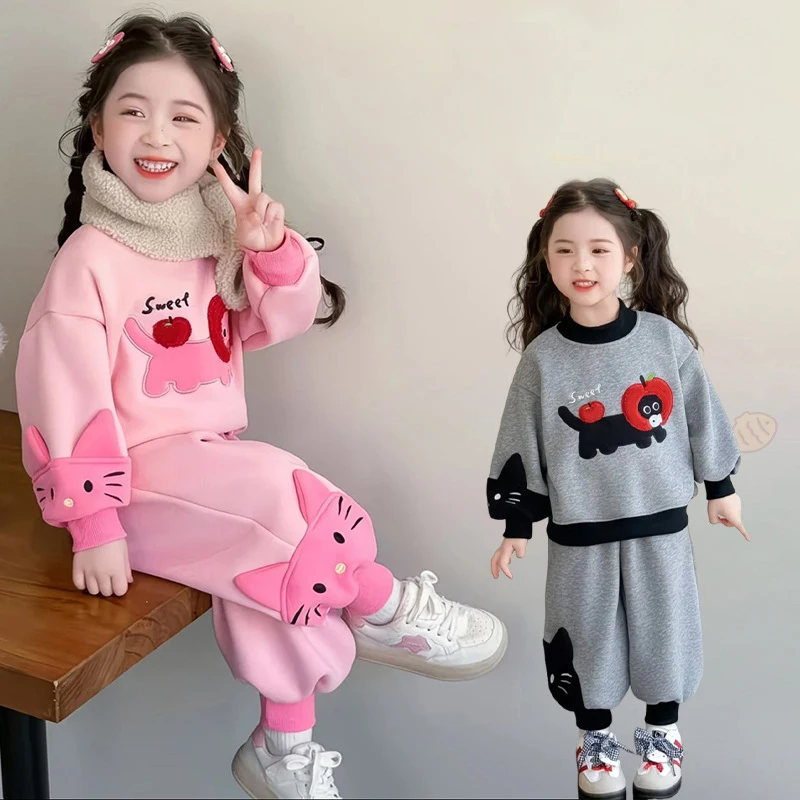 2026 Fashion Kids Girls Outfits Cartoon Print Long Sleeve Sweatshirt+Pants Suit Comfortable Children Girls Casual Clothing Sets