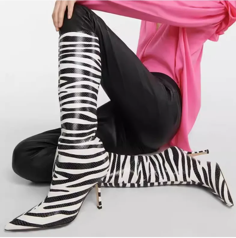 Black Sexy Zebra Striped Knee High Boots Women Stiletto High Heel Leather Boots 2024 Lady Pointed Toe Shoes Design Fall