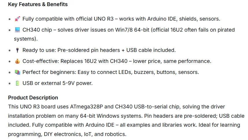 UNO R3 Board ATmega328P Mikrocontroller CH340-Treiber Einfache Installation mit Pin-Header-Kabel für Arduino IDE STEM-Lernen Zuverlässig – Detail 1