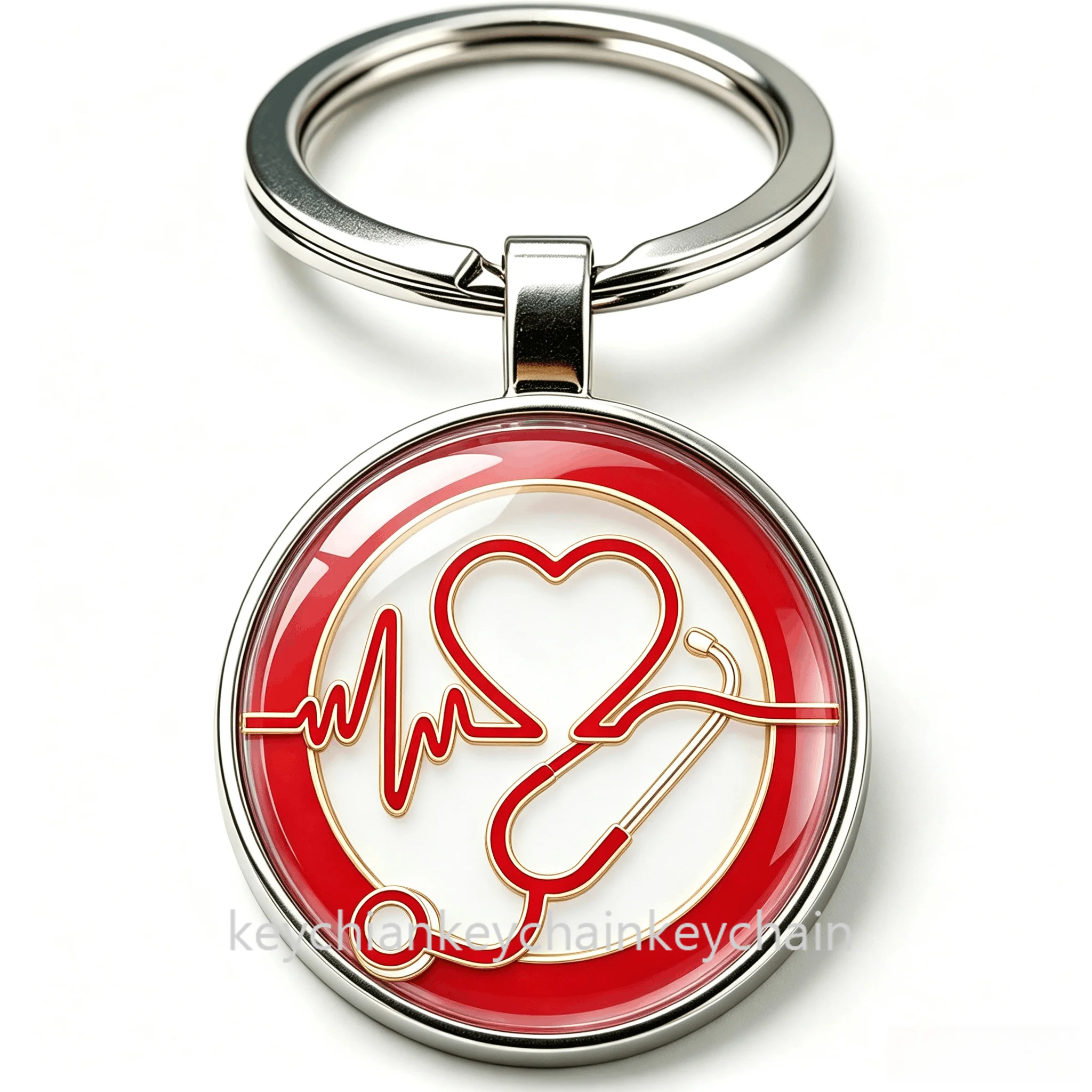 Red Background ECG Stethoscope Keychain Key Ring Nurse Doctor Medical Student Cardiology Gift Keychain