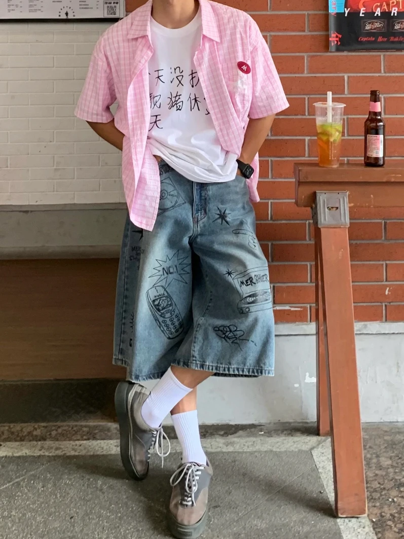 

Retro American fiti Hand-Painted Wide Leg Seven-Foot Jeans Casual Loose Summer Jeans for Men And Women Couple orts