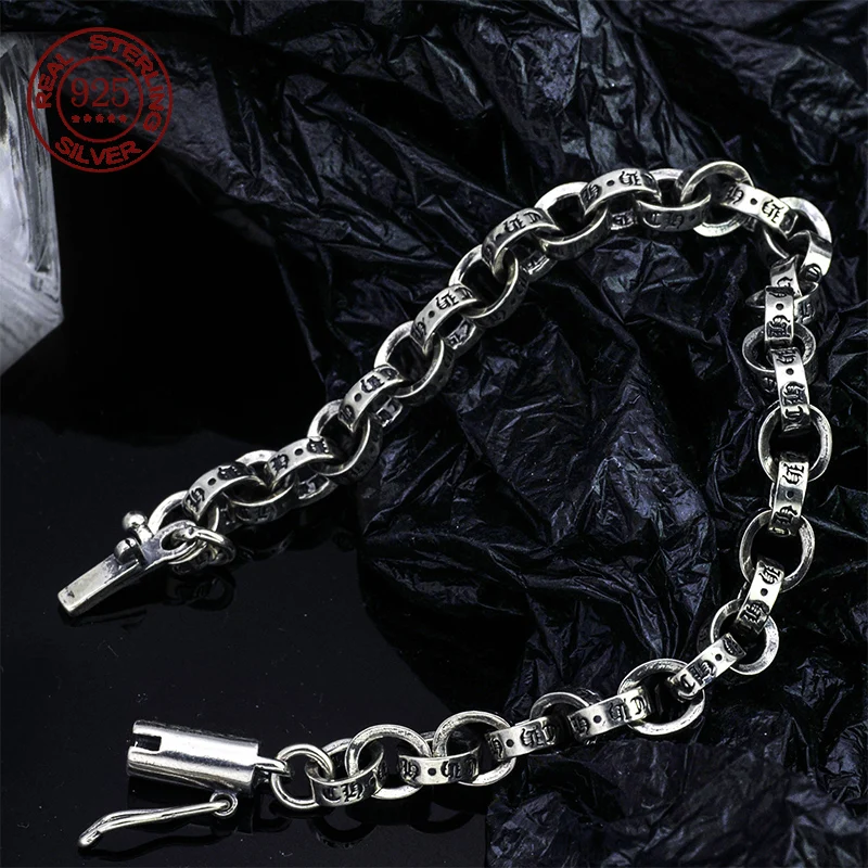 

Manufacturer 5mm 6mm 100% Real Solid S925 Silver Rock Chain Bracelet Men Women Retro Trend Personality Jewelry Gift