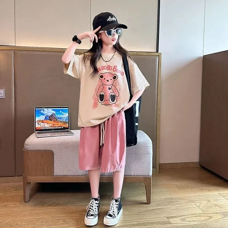 

Summer Teenage Girl Clothes Kid Cartoon Bear T-Shirts Shorts Suit Children Girls Letter Short Sleeve Top and Bottom 2 Pieces Set