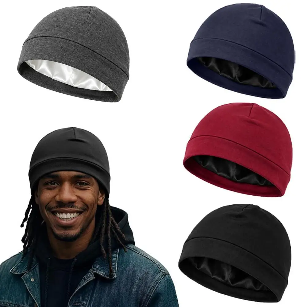 Anti‑Frizz Satin Lined Men Beanie Soft Stretch Knit Skull Cap Silk Liner Hair Protection Sleep Hat for Casual Daily Use Sombrero