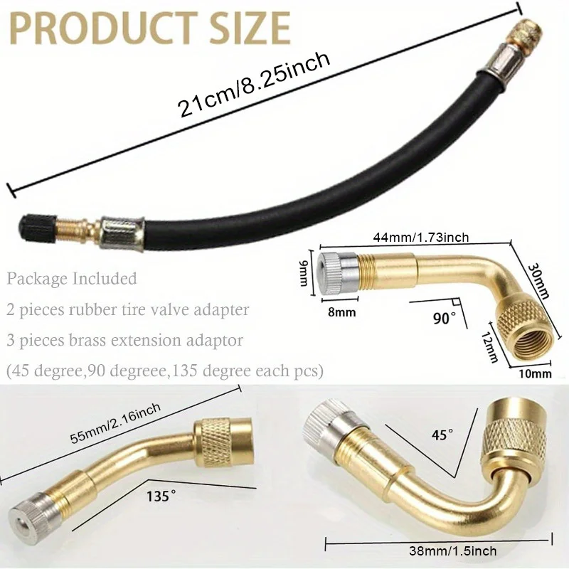 3Pcs Tire Valve Extension Kit, with Flexible Metal Air Caps, 210mm Black Hose 45 ° 、90 ° 、135 °   Angle Bracket, Suitable for Rvs, Bicycles, Motorcycles