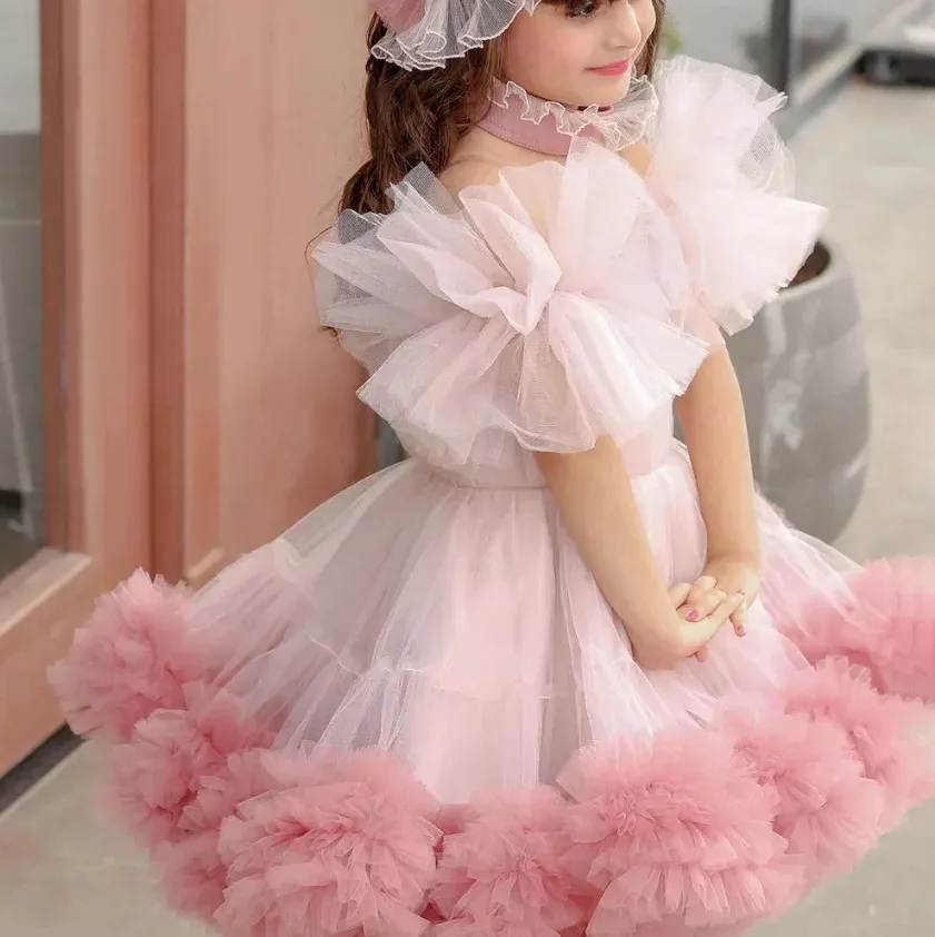 Customized Pink Flower Girl Dresses for Wedding Off The Shoulder Ruffles Knee Length Kids Birthday Party First Communion Gowns