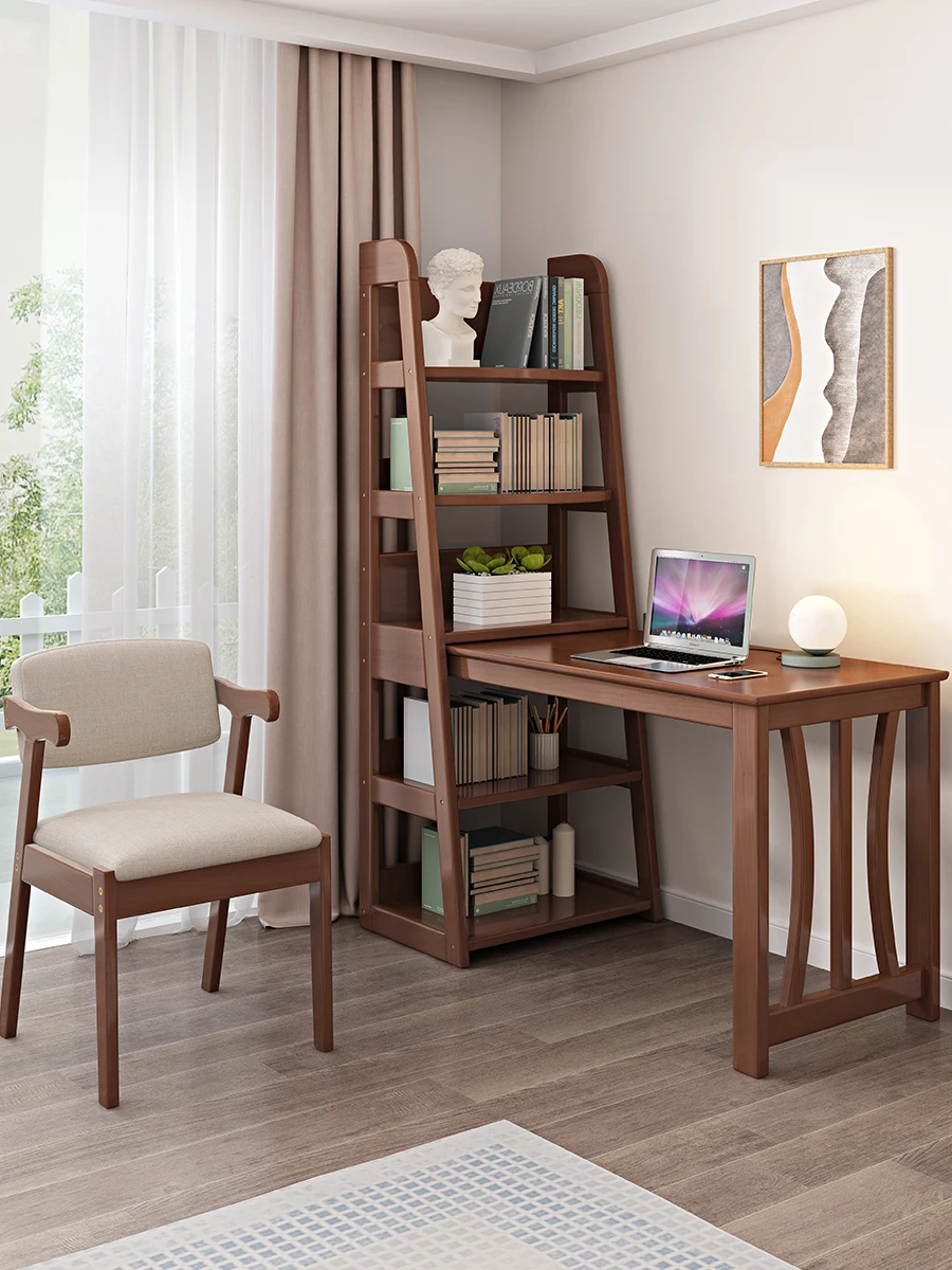 Solid wood desk and bookshelf combination household bedroom corner L-shaped window bookshelf