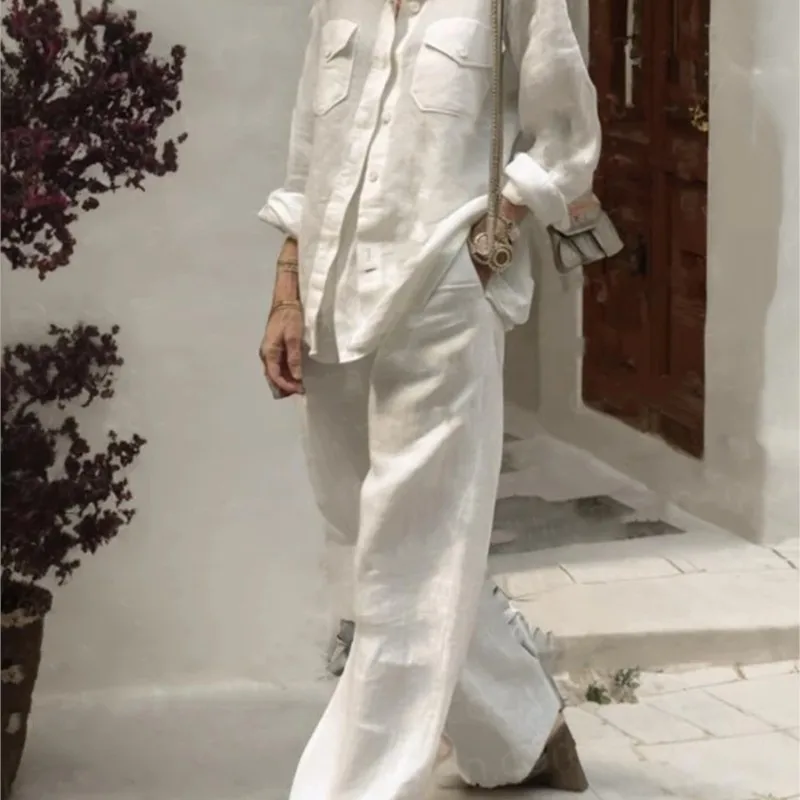 

Fashion Solid Cotton Linen Shirt 2 Piece Set For Women Autumn Long Sleeve Blouse Top Pockets Pants Suit Female Casual Outfits