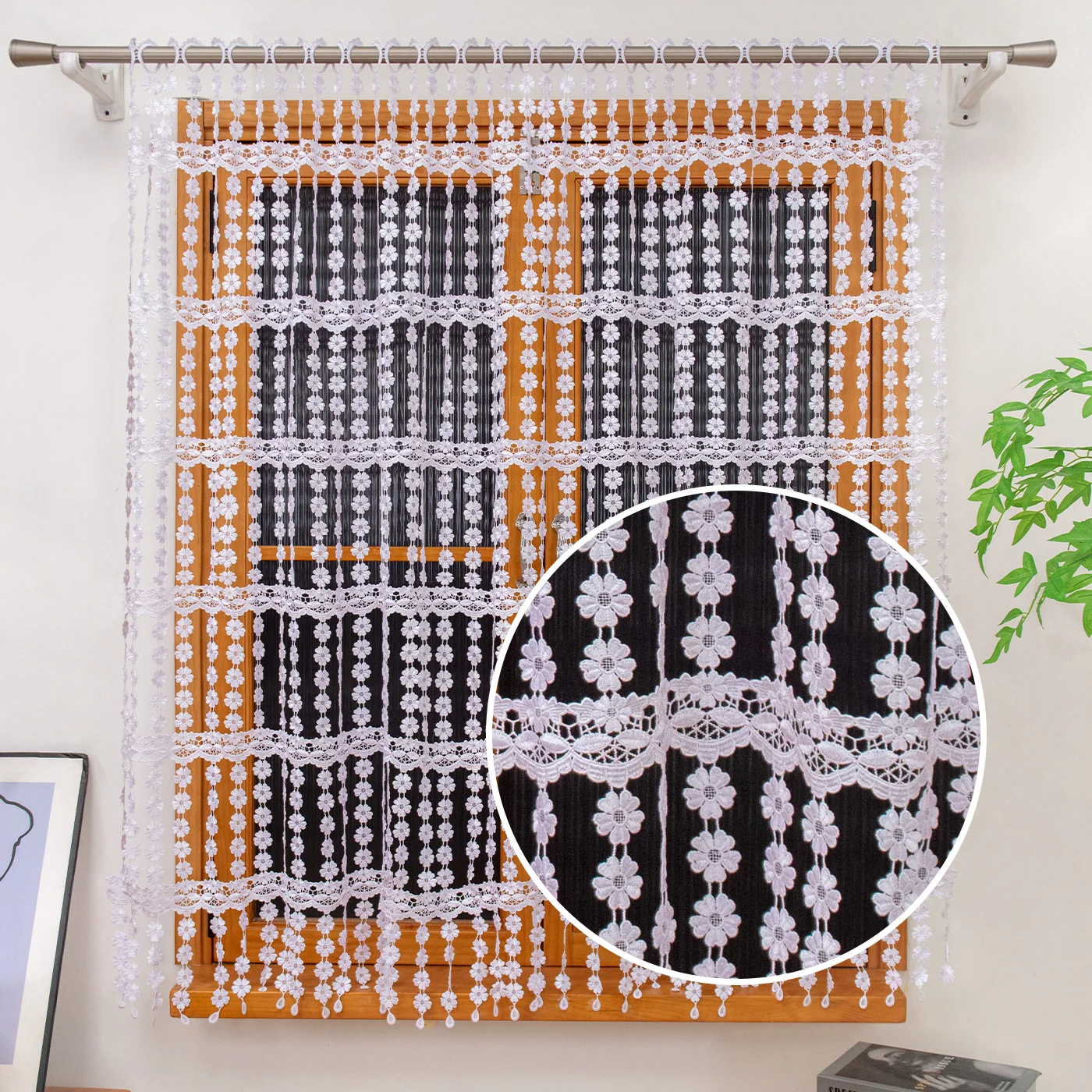 1PC Floral Lace Cafe Curtain, Tassel Fringe Light Filter Sheer Drape, For Kitchen Cabinet, Coffee Shop, Lovely Housewarming Gift
