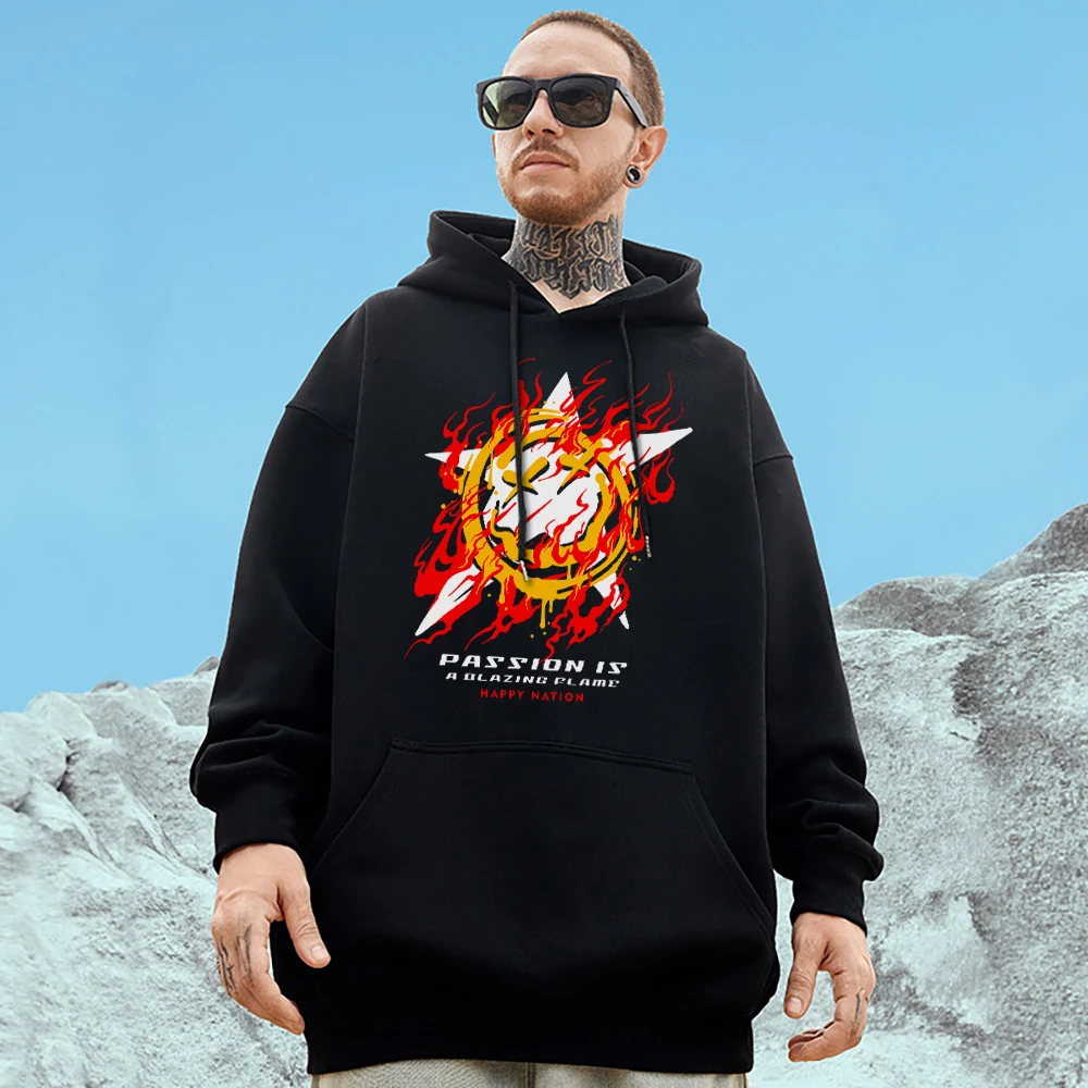 Passion Is A Blazing Flame Hooded For Men Hip Hop Creativity Aesthetic Sweatshirts Oversize Trend Cotton Clothes Mans Pullover