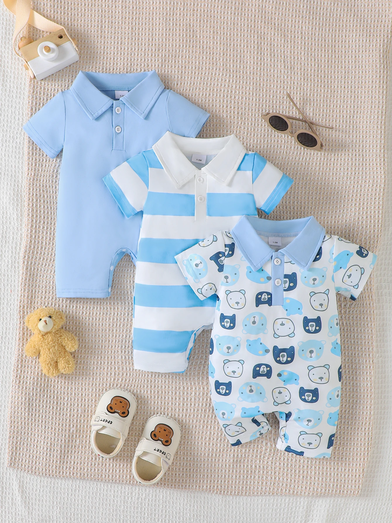 

3pcs baby boy blue striped pattern and teddy bear pattern printed jumpsuit suitable for spring and summer